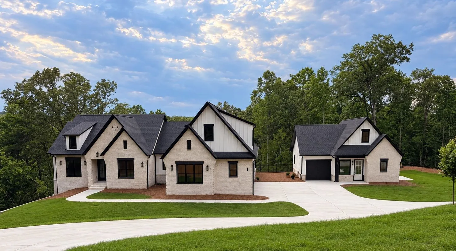 Two white brick homes with dark roofs and black trim sharing one concrete driveway, the main house on the left and a smaller house on the right