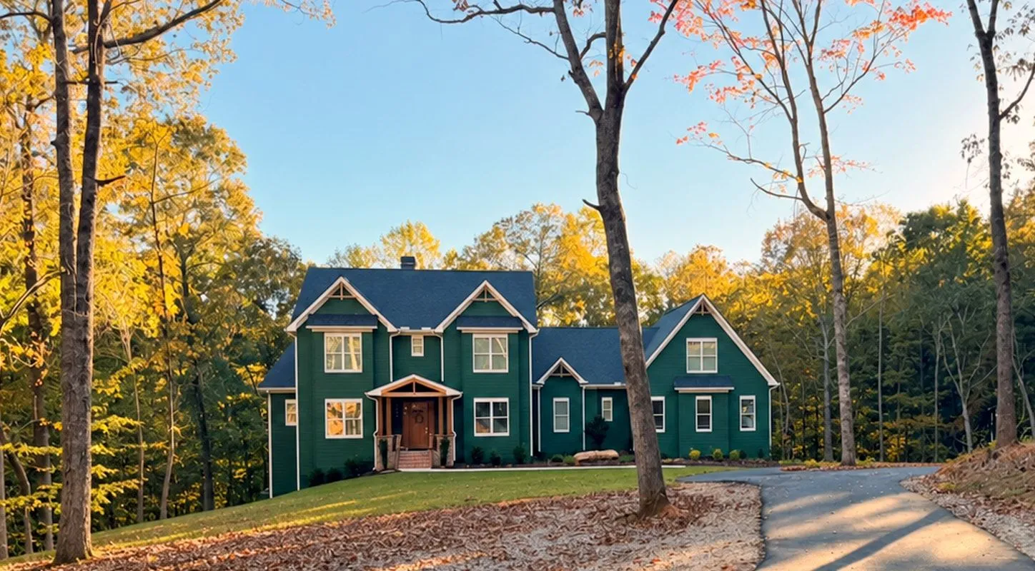 Dark green two-story house with white trim among tall trees in fall color, at the end of a curving paved driveway